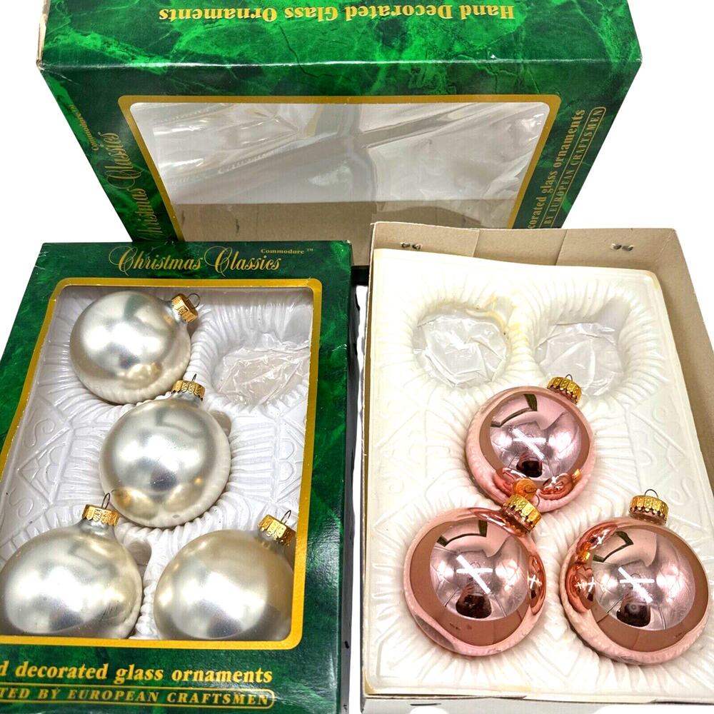 7 Vintage Commodore Glass‎ Ball Xmas Ornaments 2.5" Matte Silver Metallic Pink